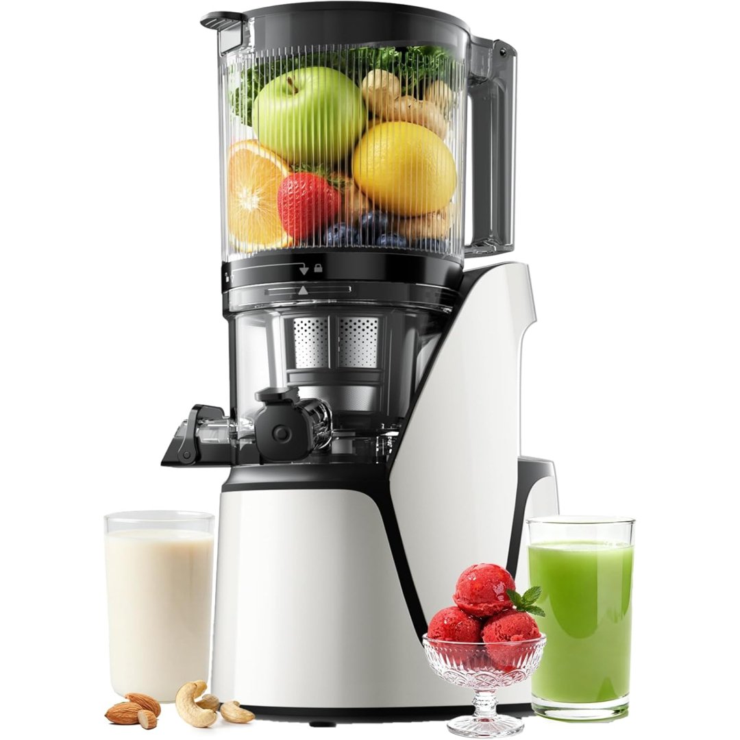Juicer Machines, 3-in-1 Cold Press Juicer with 6.5″ Extra Large Chute, 100oz Large Capacity, AC Motor, Makes Juice, Nut Milk & Sorbet, Bright White