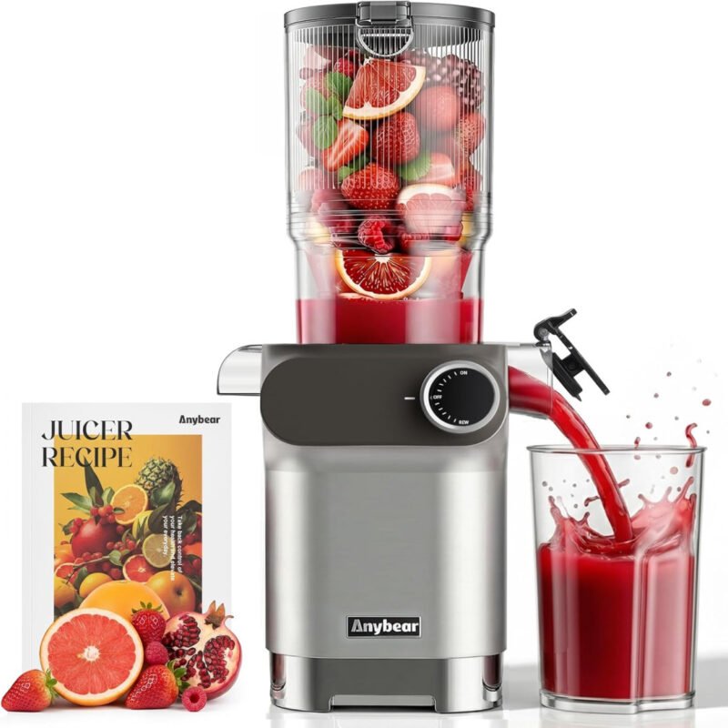 Anybear Cold Press Juicer, 200W Masticating Slow Juicer 4.3″ Large Feed Chute Fit Whole Fruits Vegetables | Upgraded Auger | Tritan Material | BPA Free | Juice Recipes (Light Gray)