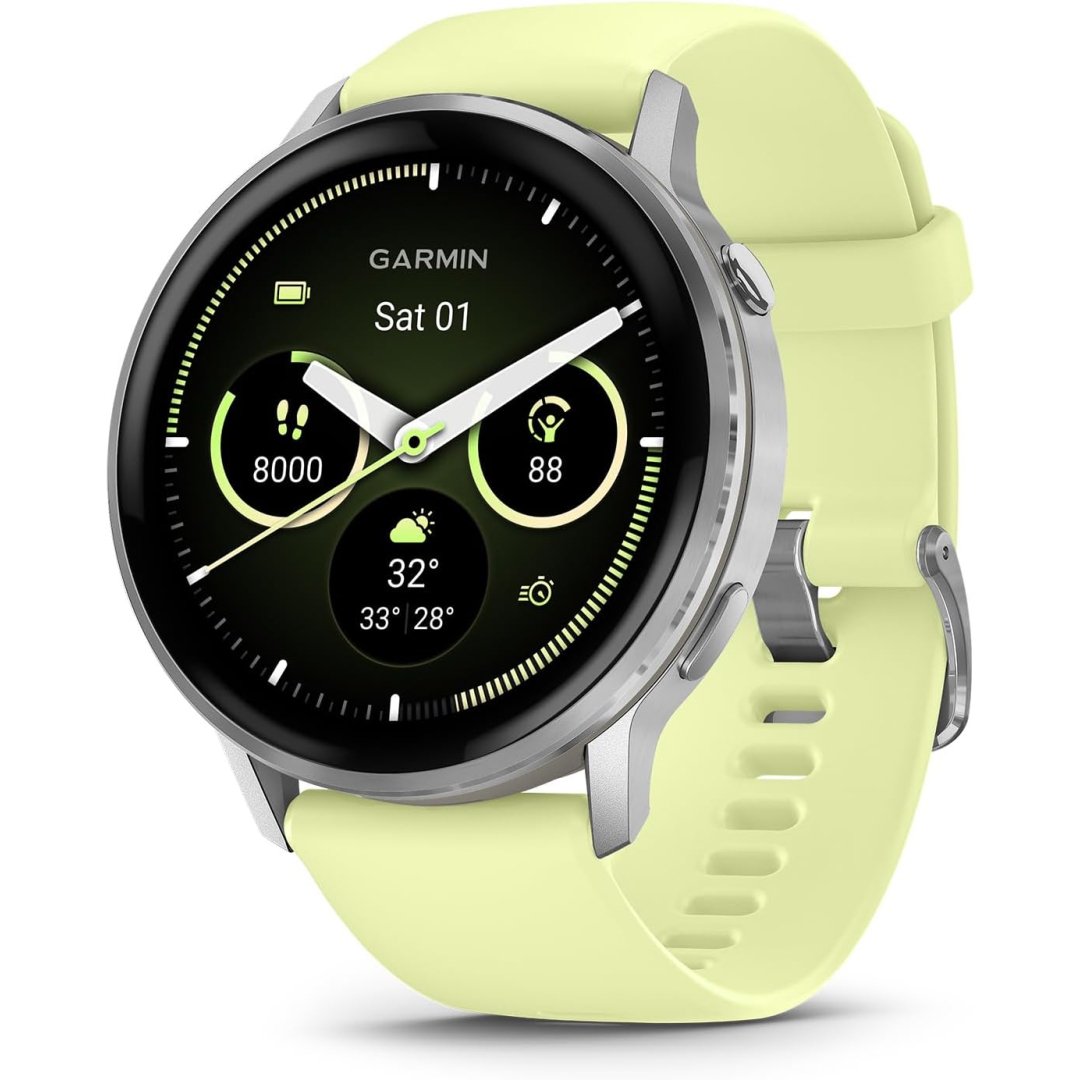 Garmin Venu® 4, 45mm, Advanced Health and Fitness GPS Smartwatch, Bright and Colorful Display, Built-in Flashlight, 12 Days of Battery Life, Silver with Citron Silicone Band
