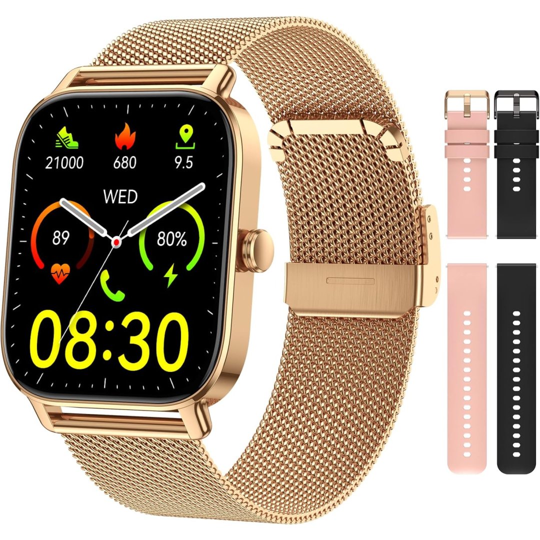 Smart Watch for Women Men Fitness: Waterproof Make Answer Call Digital Mens Watches Running Pedometer Smartwatch for Android Phone iPhone Samsung Compatible Heart Rate Monitor SpO2 Step Tracker Gold