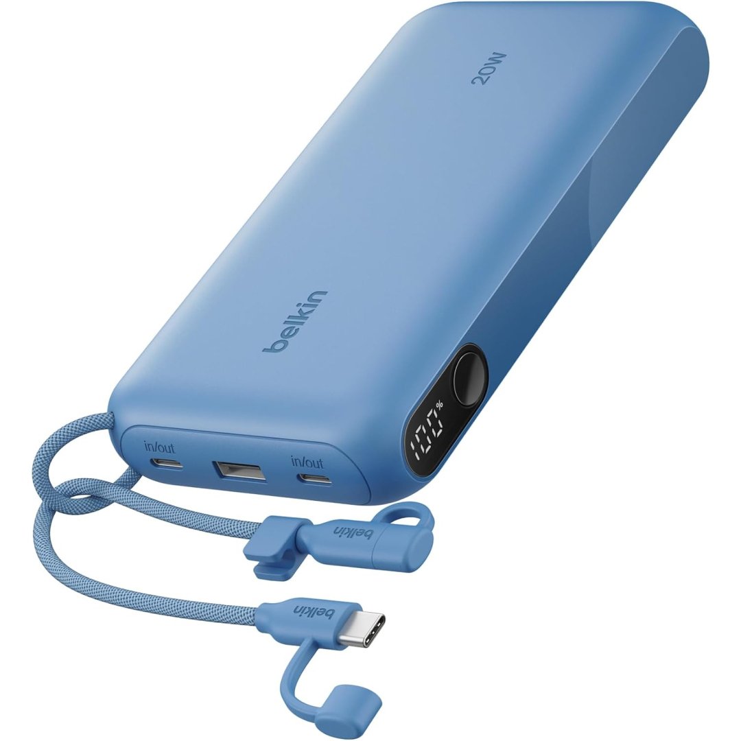 Belkin Portable Charger, USB-C Power Bank 20,000mAh w/ 2X USB-C Ports & 1x A Port, Digital Battery Display, 20W Charging – iPhone 17, Air, Pro, Samsung Galaxy S25, Pixel 10, iPad, & More – Blue