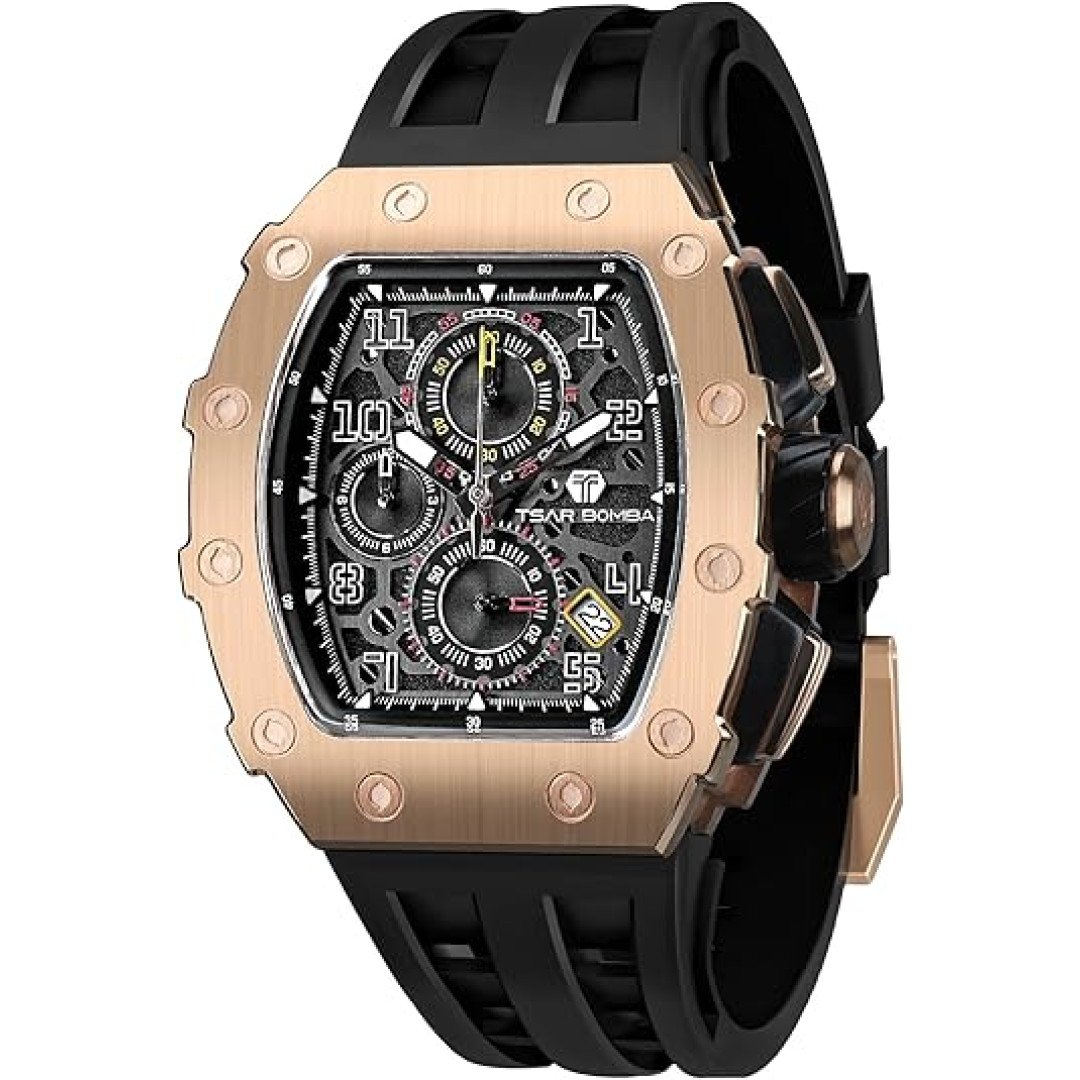 TSAR BOMBA Mens Luxury Watch Watches for Men 50M Waterproof Japanese Quartz Movement Tonneau Stainless Steel Case Sapphire Glass with Chronograph Date Function Cool Unique Fashion Gift Watch