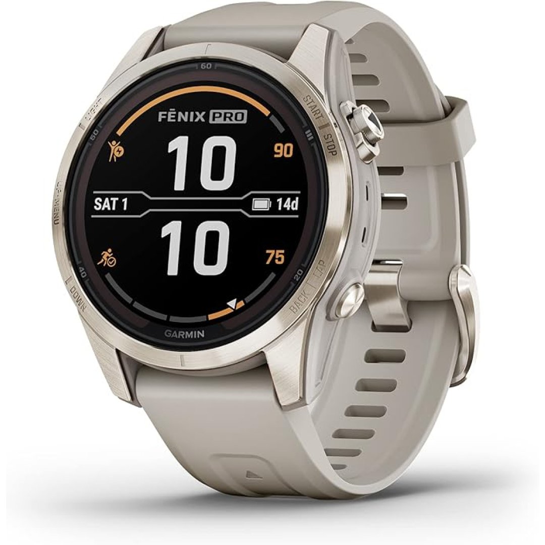 Garmin fēnix 7S Pro Sapphire Solar, Multisport GPS Smartwatch, Built-in Flashlight, Solar Charging Capability, Sand
