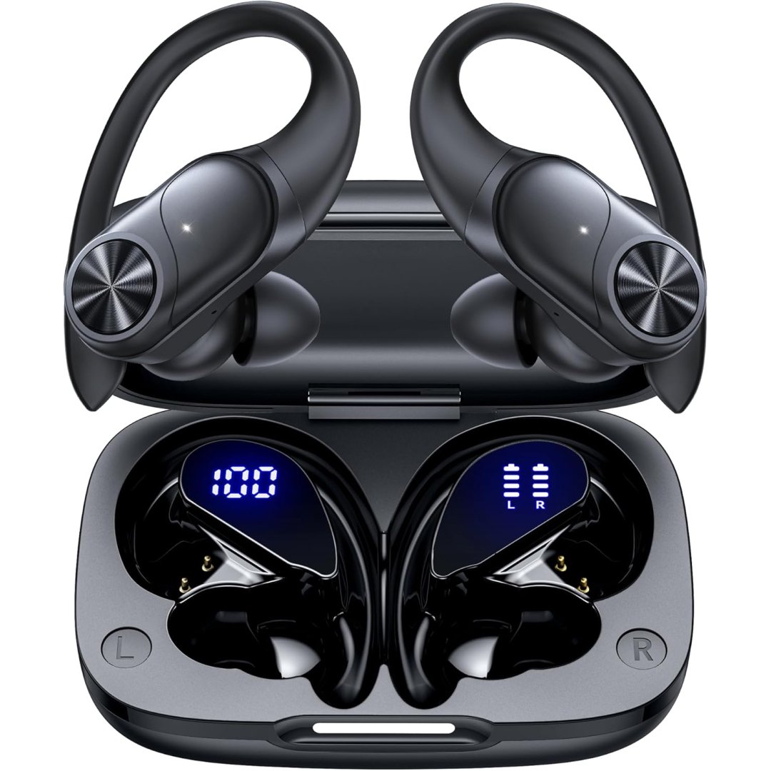 PocBuds Bluetooth Headphones Wireless Earbuds 80hrs Playtime Wireless Charging Case Digital Display Sports Ear Buds with Earhook Deep Bass IPX7 Waterproof Over-Ear Earphones for TV Phone Laptop Black