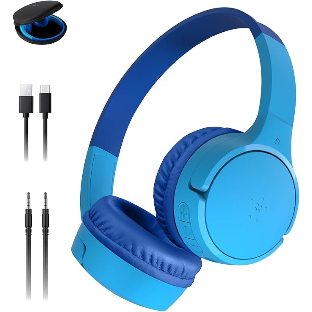 Belkin SoundForm Mini – Wireless Bluetooth Kids Headphones, 30H Battery, 85dB Safe Volume Limit, Built-in Microphone – Toddler On-Ear Earphones for iPhone, iPad – Ideal for School – Blue w/Case