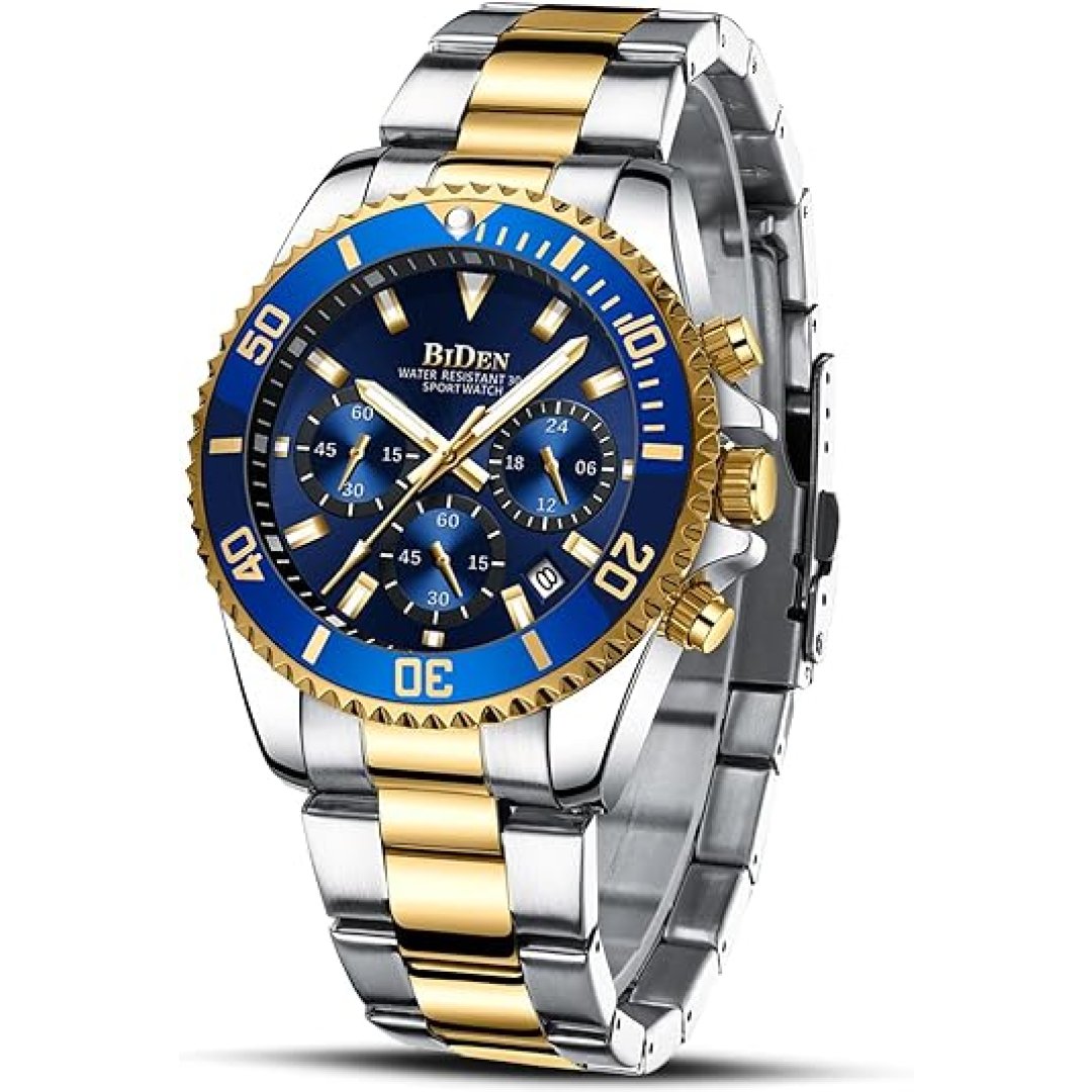BIDEN Mens Watches Chronograph Gold Blue Stainless Steel Waterproof Date Analog Quartz Watch Business Casual Fashion Wrist Watches for Men